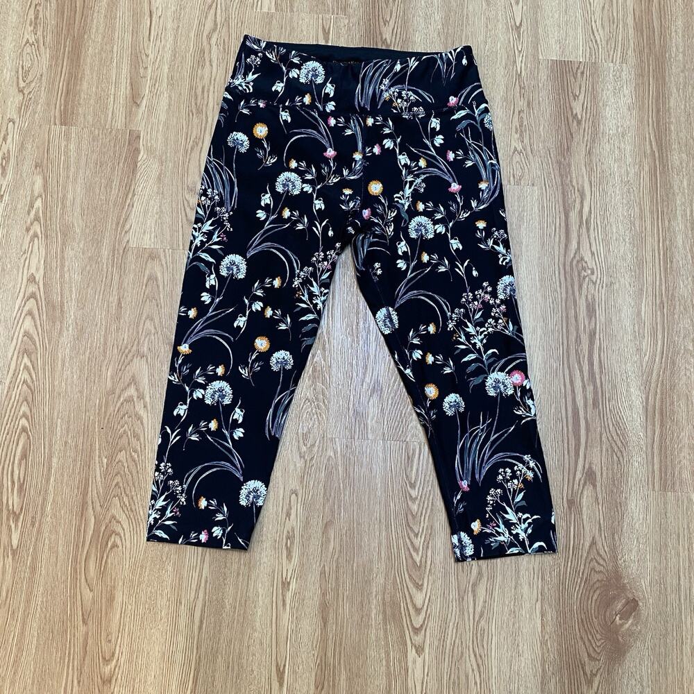 Donna Karan Active Black Floral Printed Womens Size L Yoga Capri Leggings